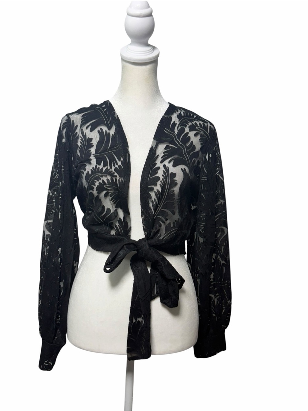 Amber Skies Black Sheer Lace Bolero Cardigan Coverup Tie Front L